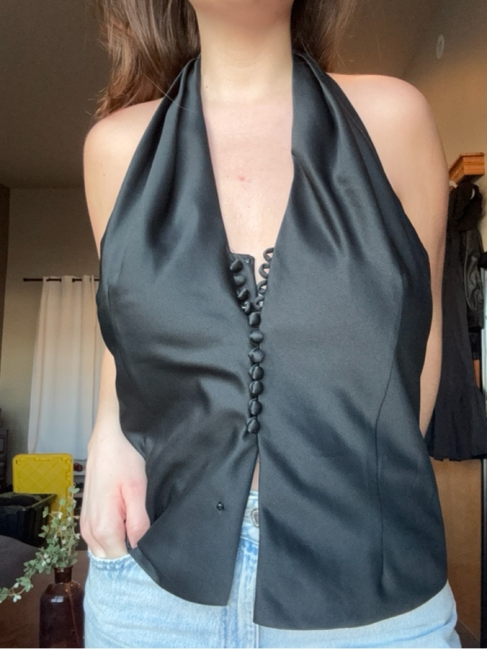 Black Satin Halter Button-Front Camisole